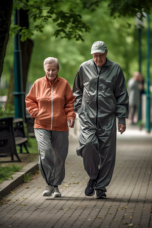 Vitality in Motion: An Active Elderly Couple Enjoying a Leisurely Stroll in Comfortable Tracksuitsの素材