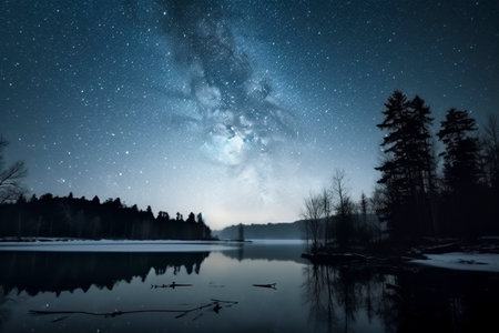 Frozen Serenity: A Snowy Mountain Lake Bathed in the Mystical Glow of the Milky Wayの素材