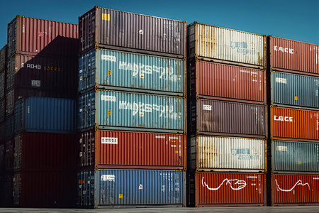 Tower of Trade: A Majestic Stack of Shipping Containers in the Bustling Portの素材