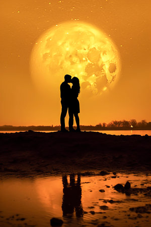 Celestial Romance: Silhouetted Couple Sharing a Passionate Moonlit Kiss at Sunsetの素材