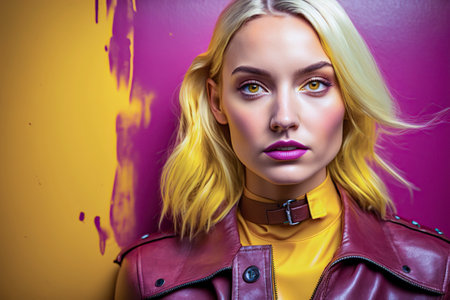 Elegant and Edgy: Blonde Model Showcasing High-End Leather Fashionの素材