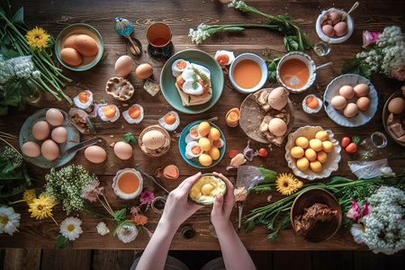 Rustic Gastronomy: A Sumptuous Spread of Eggs and Potatoes on a Charming Farmhouse Tableの素材
