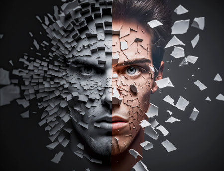 The Fragmented Self: An Innovative Interpretation of Identity Through Dismantled Facial Features and Abstract Geometric Shapes, ai generativeの素材