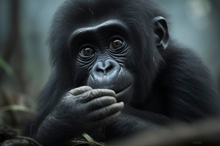 Curious Wonder: A Playful Infant Gorilla Explores the Enchanting Depths of the Jungleの素材