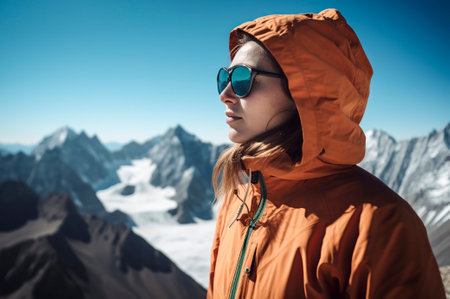 Conquering the Summit: A Fearless Woman Defies Limits in the Majestic Mountain Landscapeの素材