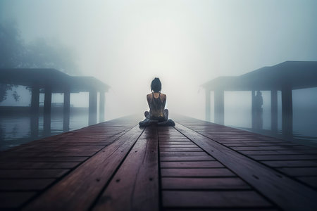 Tranquil Reflections: Contemplative Beauty Amidst the Mist on a Serene Lake Dockの素材