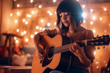 Soulful Strings: A Beautiful Asian Woman Mesmerizes with her Spanish Guitar Skills in a Cozy Barの素材