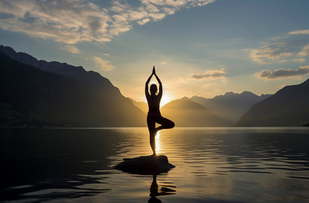 Lake Serenity: A Woman Finding Inner Peace and Strength through Yoga on a Rock at Sunsetの素材