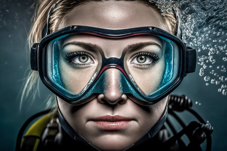 Underwater Serenity: Captivating Image of a Woman Diving, Exploring the Mysteries of the Deepの素材