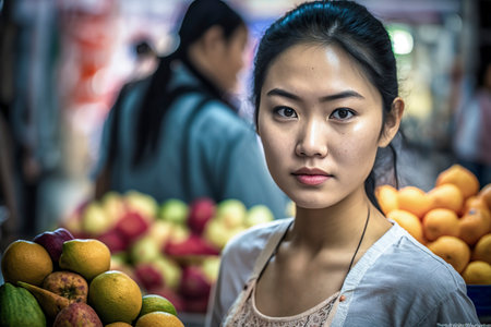 Cultural Market Experience: A Woman Discovering Exotic Fruits in an Asian Marketplaceの素材