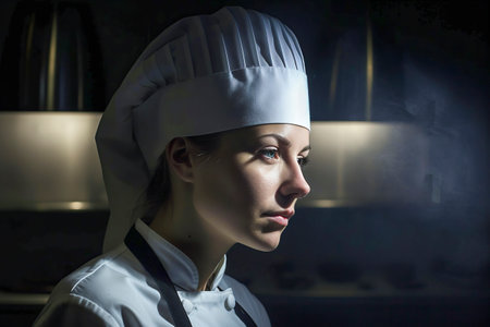 Culinary Passion Unleashed: Skillful Female Chef Crafting Gourmet Dishes Amidst the Kitchen's Hazeの素材