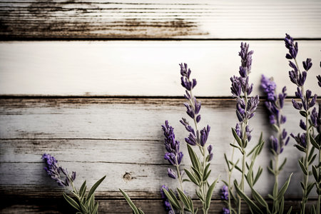 Lavender Serenity: Rustic White Wooden Table Adorned with Lavender Blossoms Creates Tranquil Ambianceの素材