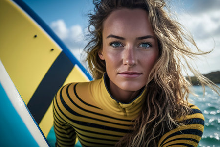 Blonde Beauty Riding the Waves: A Thrilling Adventure at the Beachの素材