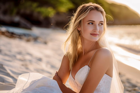 Romantic Reflections: Beautiful Blonde Bride Contemplates in White Wedding Attire by the Beachの素材