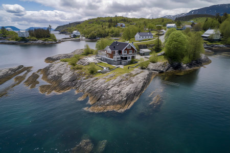 Nordic Fjord Escapes: Elegant Houses Grace the Serene Waterfront in Summer Splendorの素材