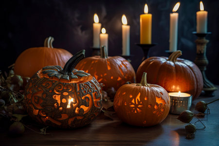 Chilling Halloween Ambiance: Spooky Decor and Frightening Faces Illuminate the Haunted Pumpkin Patchの素材