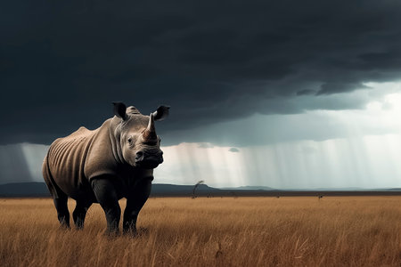 Rhino in the Storm: Majestic Wildlife Endures Nature's Fury Amid Savannah's Torrential Rain and Thunderの素材