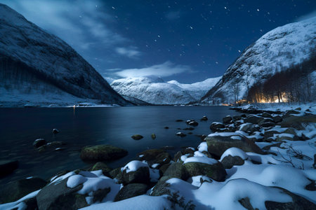 Fjord Fantasy: Captivating Night Scene in the Nordic Lands with a Snow-Clad Coastal Villageの素材