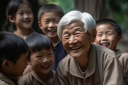 Asian Grandmother's Joy: Surrounding Laughter as Smiling Children Share Heartwarming Moments of Togethernessの素材