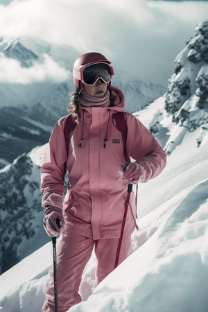 Alpine Adventure in Pink: Skier Enjoys the Thrills of Winter Sports Amidst Majestic Mountain Viewsの素材