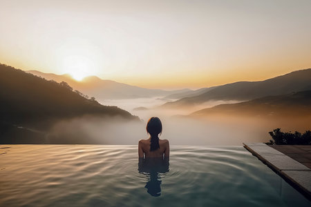 Misty Sunset Oasis: Woman's Back in Pool Overlooking Fog-Clad Valley Creates Serene Twilight Beautyの素材
