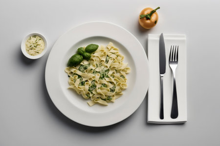 Italian Culinary Delight: Exquisite Pasta Dish Presented on a Clean White Tableの素材