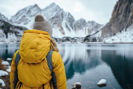 Snowy Serenity: Woman Admiring Fjord Beauty in Vibrant Yellow Coatの素材
