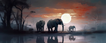 Elephant Family Serenity: Majestic Herd Gathers by the Lake at Twilight for Tranquil Momentsの素材