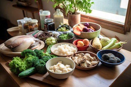 Culinary Palette: Abundant Spread of Raw Vegetables and Uncooked Seafood Creates Artistry on Tableの素材