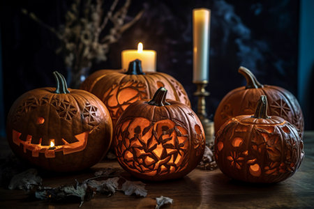 Eerie Halloween Ambiance: Decorated Skulls and Candles Creating a Macabre Table Settingの素材