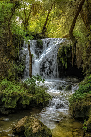 Enchanted Forest Oasis: A Tranquil Waterfall Amidst Lush Foliage Creates a Picturesque Natural Havenの素材