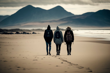 Sunset Serenity: Trio's Beach Retreat as They Walk Away into the Dusk by the Shoreの素材