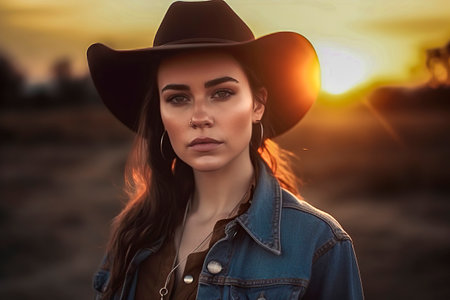 Cowgirl Dreams: Gorgeous Woman with a Cowboy Hat, Radiating Elegance in the Rustic Ranch Settingの素材