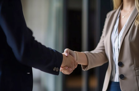 Sealing Prosperity: Businesswoman and Businessman Solidify Success with a Firm Handshake in Professional Accordの素材