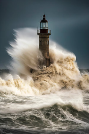 sland Guardianship: Lighthouse Braving the Storm to Safeguard Mariners Amidst the Roaring Seasの素材