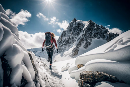 Braving Snowy Heights: Fearless Female Hiker Conquering Alpine Challenge with Giant Backpackの素材