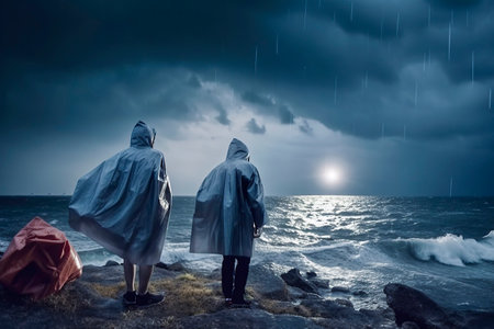Rainy Coastal Connection: Adventurous Backpackers Embrace the Shoreline in Wet Weatherの素材