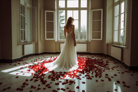Blonde Bridal Serenity: Elegance and Romance Blossom as Rose Petals Adorn the Wedding Dressの素材