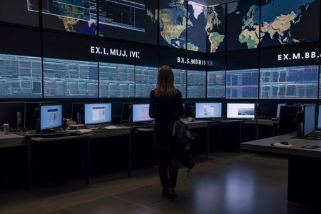 Global Operations Expert: A Woman Manages a High-Tech Control Center with Real-time Surveillanceの素材