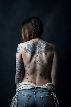 Inked Elegance: A Stylish Young Woman Displays Her Artistic Back Tattoo of Stars and Flowersの素材