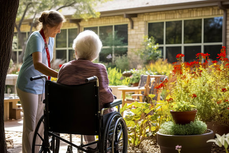Tranquil Elderly Care: A Senior Woman in a Wheelchair Finds Comfort in the Nursing Home Gardenの素材