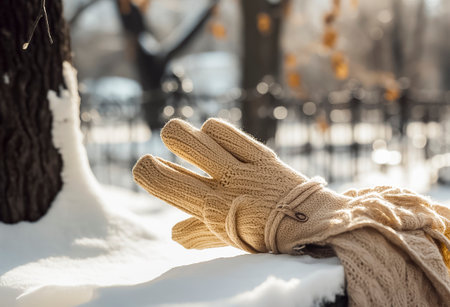 Winter's Embrace: A Cozy Scene of Woolen Gloves and a Brown Scarf Resting on Snow in the Parkの素材