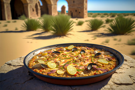 Seaside Gastronomy: A Scenic Beachfront Feast Featuring a Delectable Spanish Paella Cooked Al Frescoの素材
