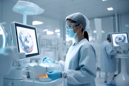 Dedicated Female Scientist Conducting Precise Medical Research in a Sterile, State-of-the-Art Laboratoryの素材