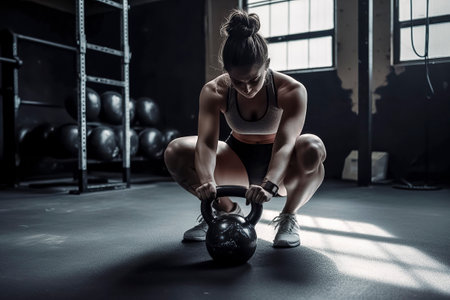 Dedicated Gym Enthusiast: A Strong Woman in Sportswear Lifts Kettlebells and Dumbbells with Determinationの素材