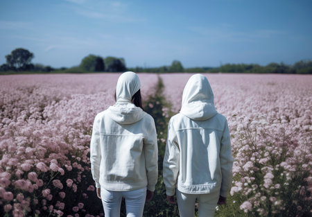 Blooming Friendship: Two Young Women Enjoying a Sunny Day in a Field of Vibrant Flowersの素材