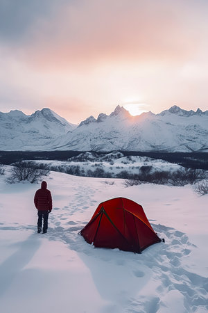 Winter Wilderness Retreat: A Man Camps Amidst Snowy Valleys with a Striking Red Tent and Majestic Mountainsの素材