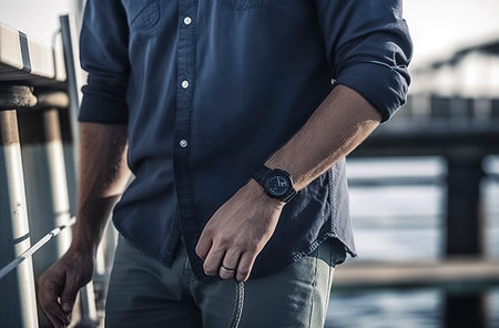 Serene Coastal Stroll: A Handsome Man in Casual Blue Shirt and Denim on the Waterfront Pierの素材