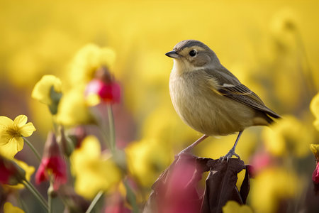 Sparrow Serenity: A Tranquil Moment Captured as a Sparrow Rests on a Blossom-Adorned Branchの素材