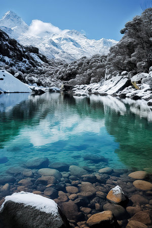Breathtaking Snow-Capped Peaks: Exploring the Serene Alpine Landscape by the Crystal Lakeの素材